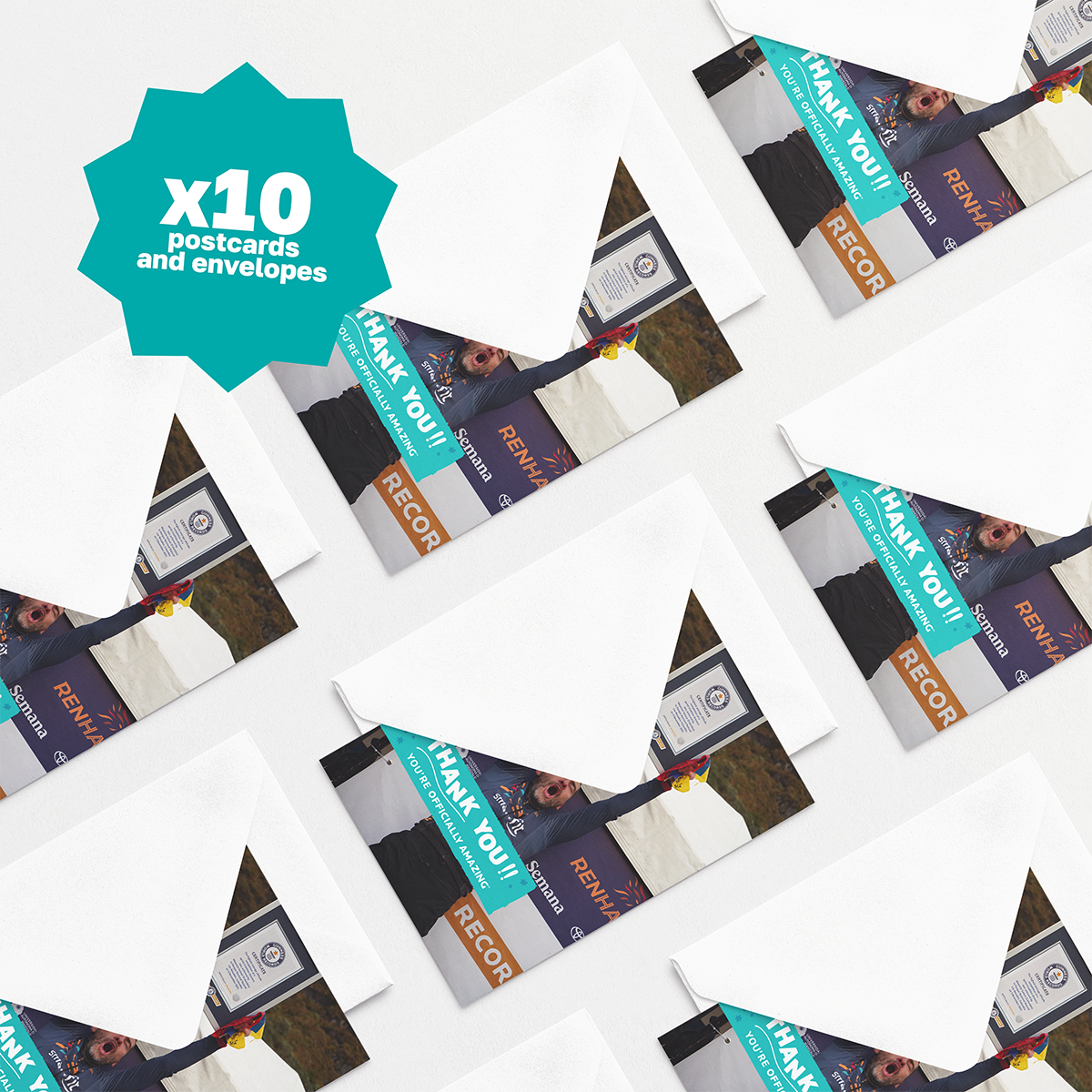 mock up image of thank you postcard for Guinness World Record title holders with envelope