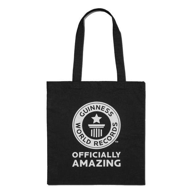 Black tote bag with GWR logo and Officially Amazing text on a white background