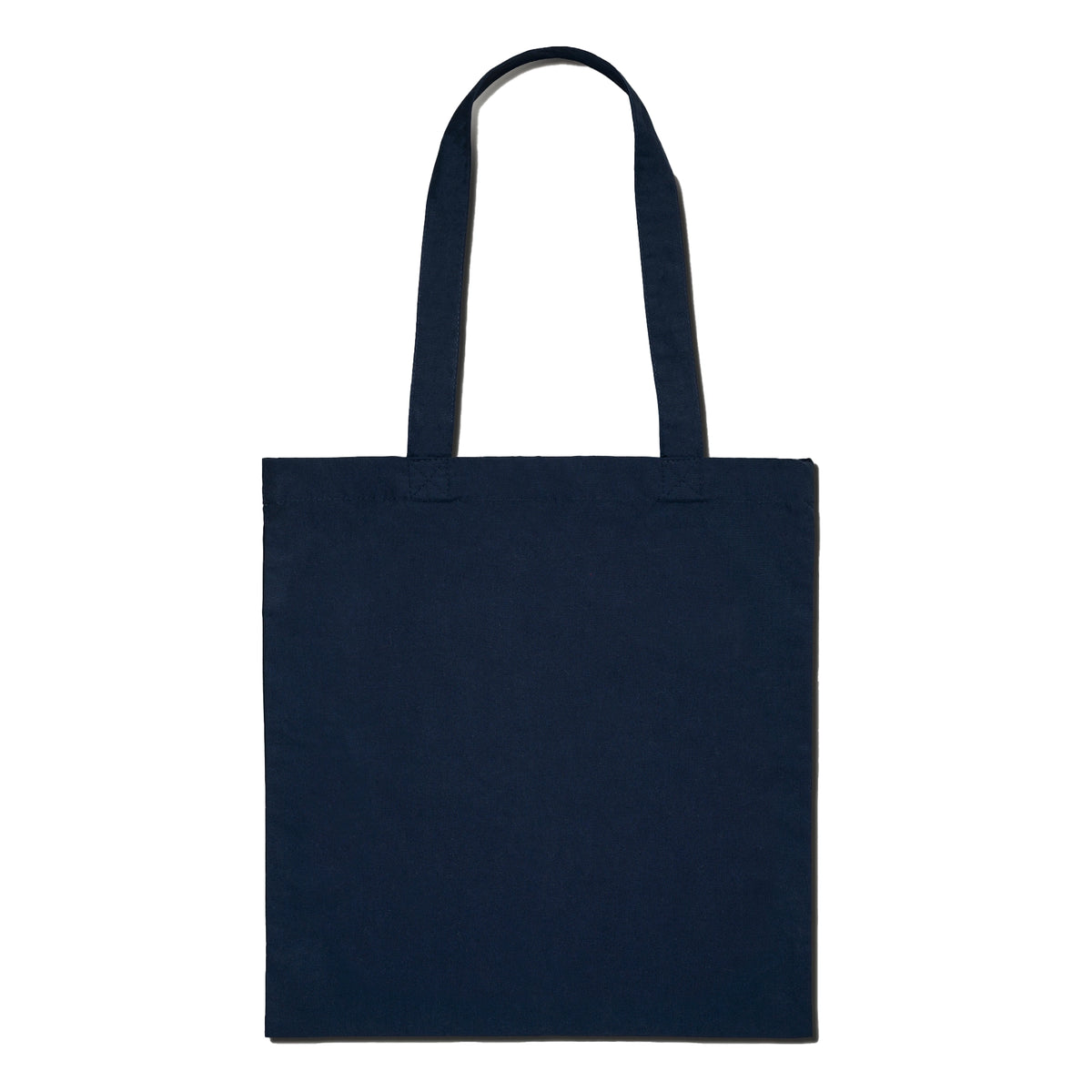 the back of a navy blue tote bag which is blank on a white background