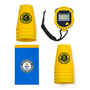 Items of stacking cup record kit, including including a stop watch, yellow stacking cups, and a notebook on a white background.