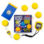 Bouncy Balls record kit flat lay with balls, stopwatch and notebook