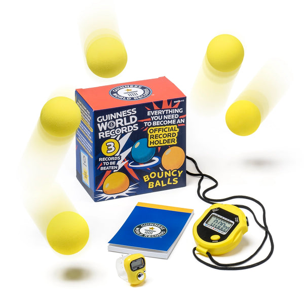 Guinness World Records Bouncy balls record kit with items including balls bouncing around the box, note book and stopwatch 