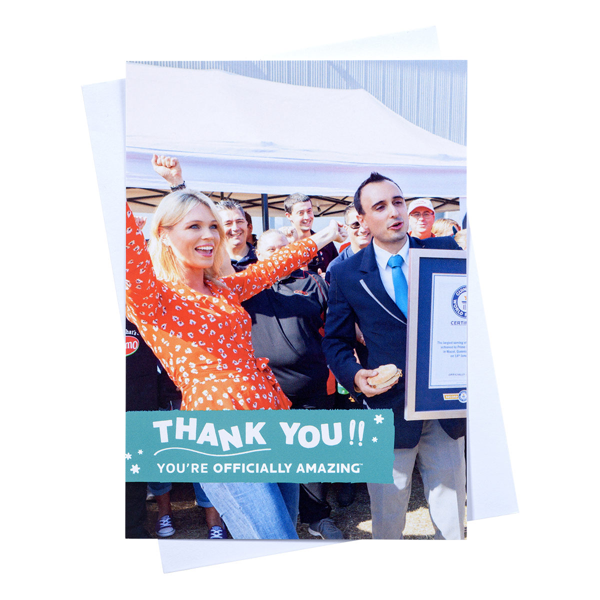 an a5 portrait thank you post card with a holding image of someone celebratin their new world record with envelope