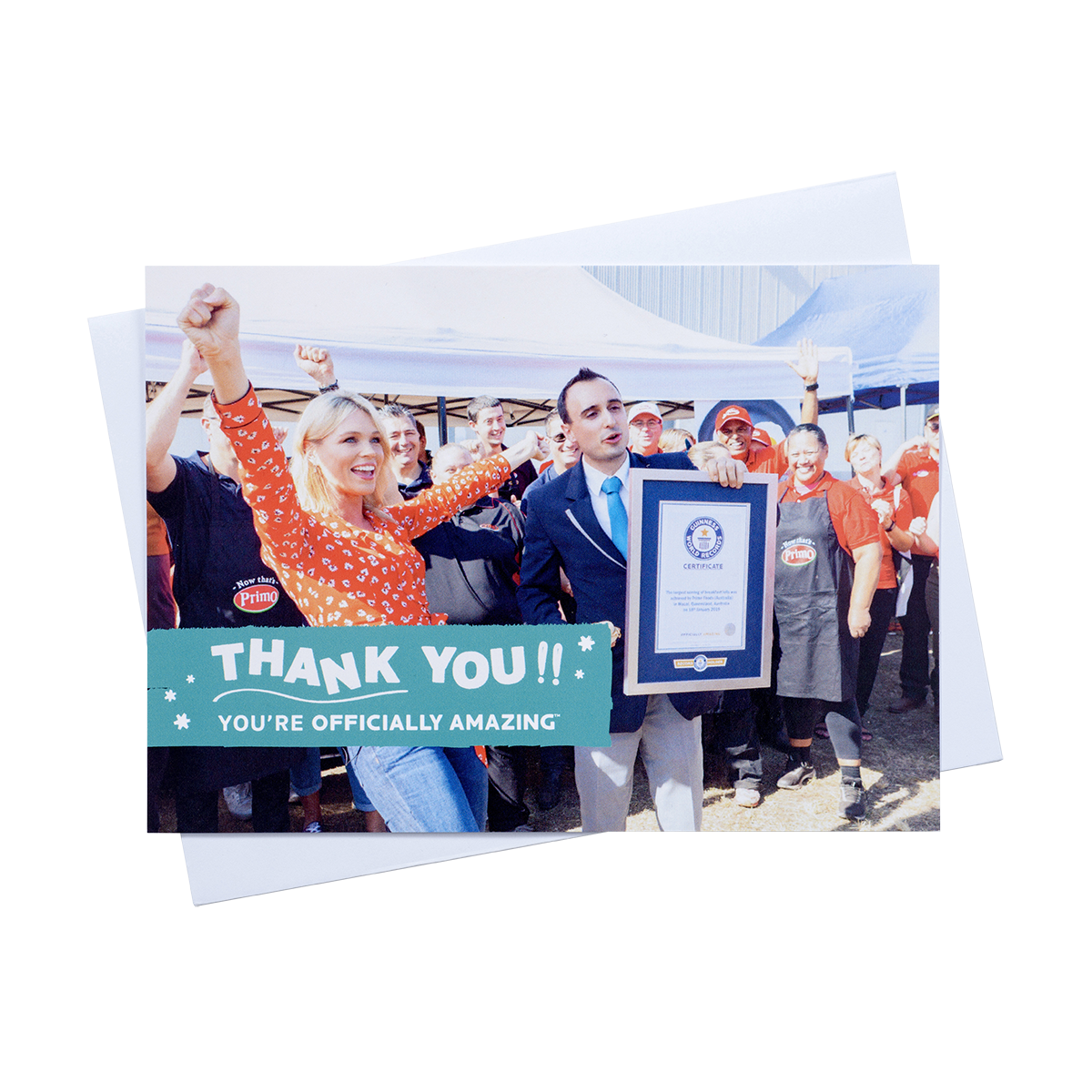 an a5 landscape thank you post card with a holding image of someone celebratin their new world record with envelope