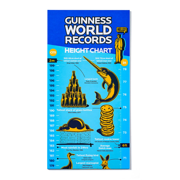 Guinness World Records Height Chart with illustrations and text on a blue background