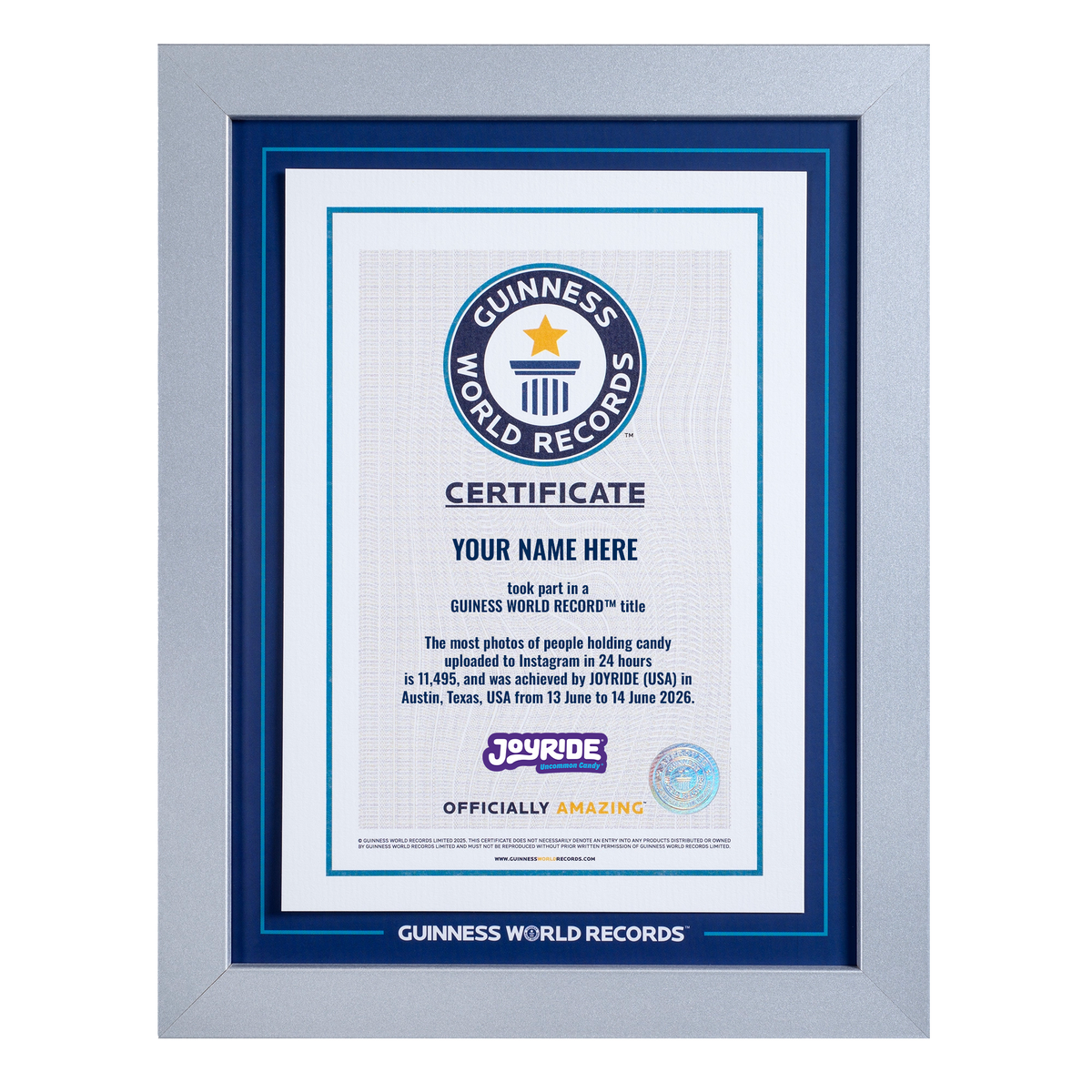 Record Participant Certificate The Most Photos of People Holding Candy Uploaded to Instagram