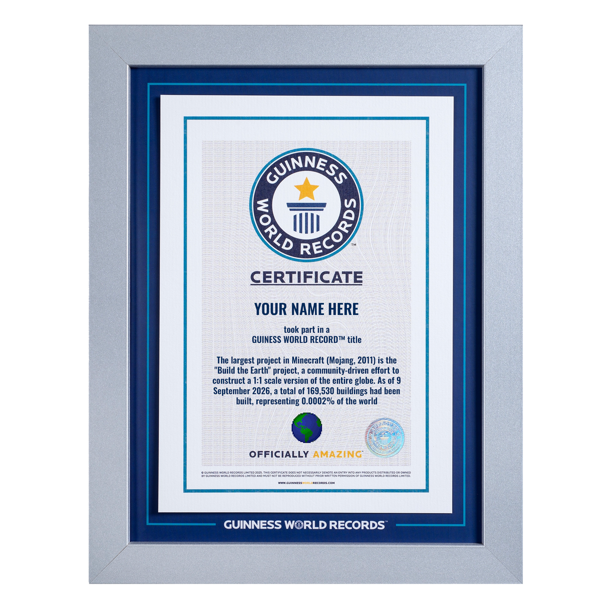 Record Participant Certificate The Largest Project in Minecraft 