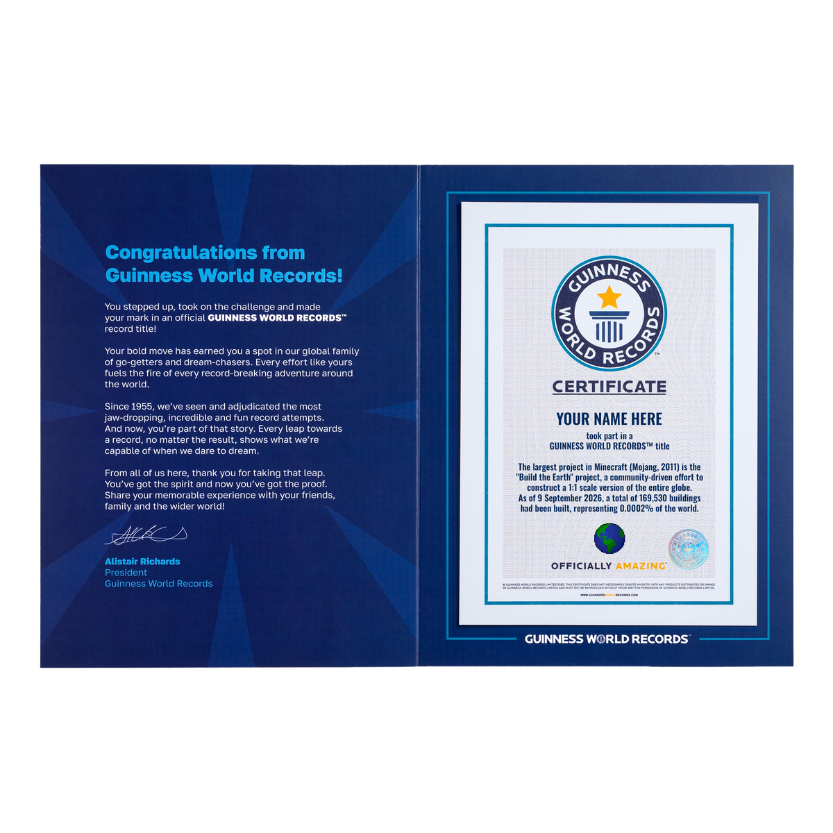 Record Participant Certificate The Largest Project in Minecraft 