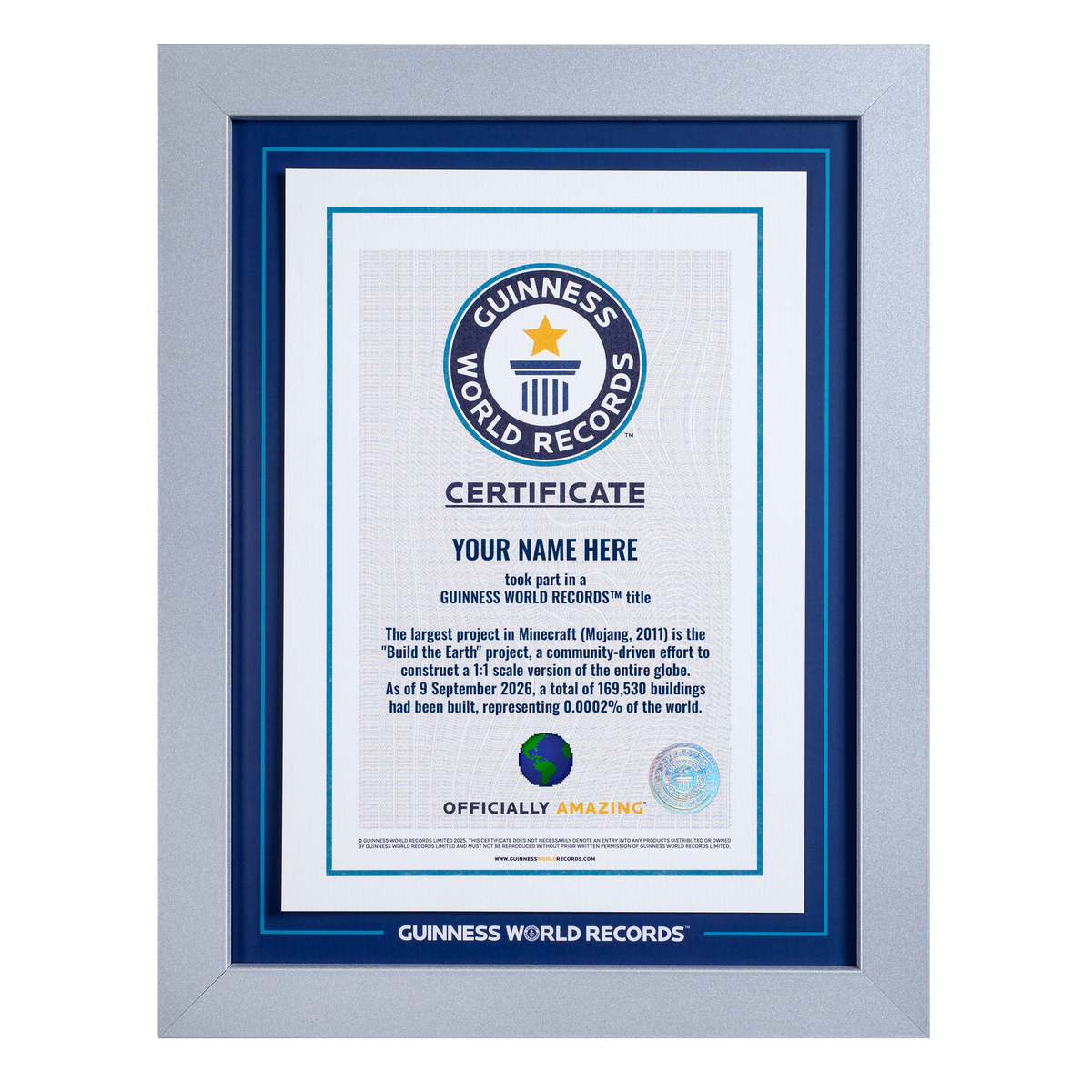 Record Participant Certificate The Largest Project in Minecraft 