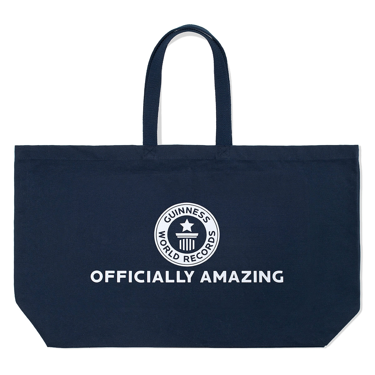 oversized navy tote bag with Guinness World Records logo and 'Officially Amazing' text flatlay