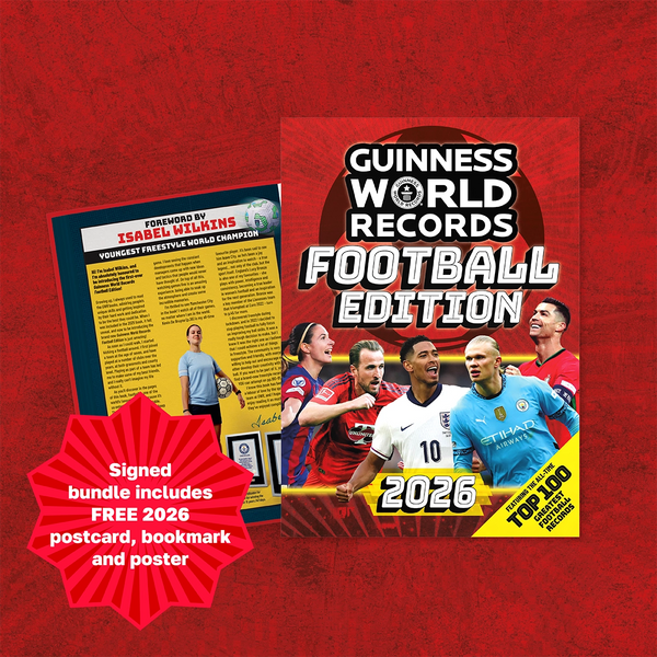 signed Guinness World Records Football Edition 2026 book on a red background with promotional text.