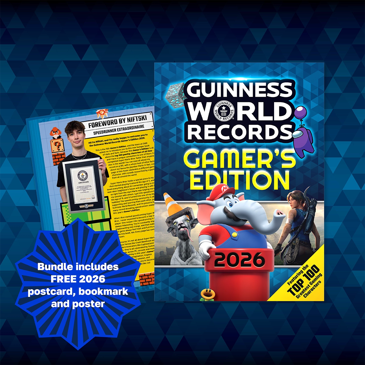 Guinness World Records Gamer's Edition 2026 book with promotional text on a blue geometric pattern background
