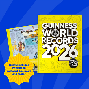 Guinness World Records 2026 book with promotional text on a blue background