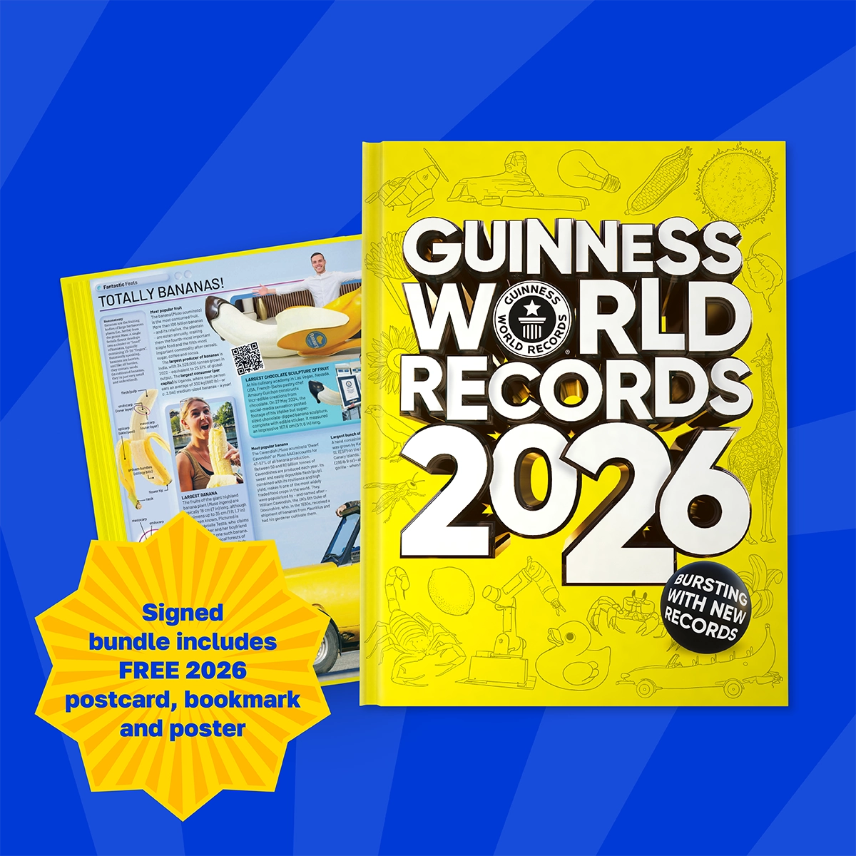 Guinness World Records 2026 book with promotional text on a blue background
