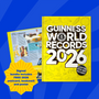 Guinness World Records 2026 book with promotional text on a blue background