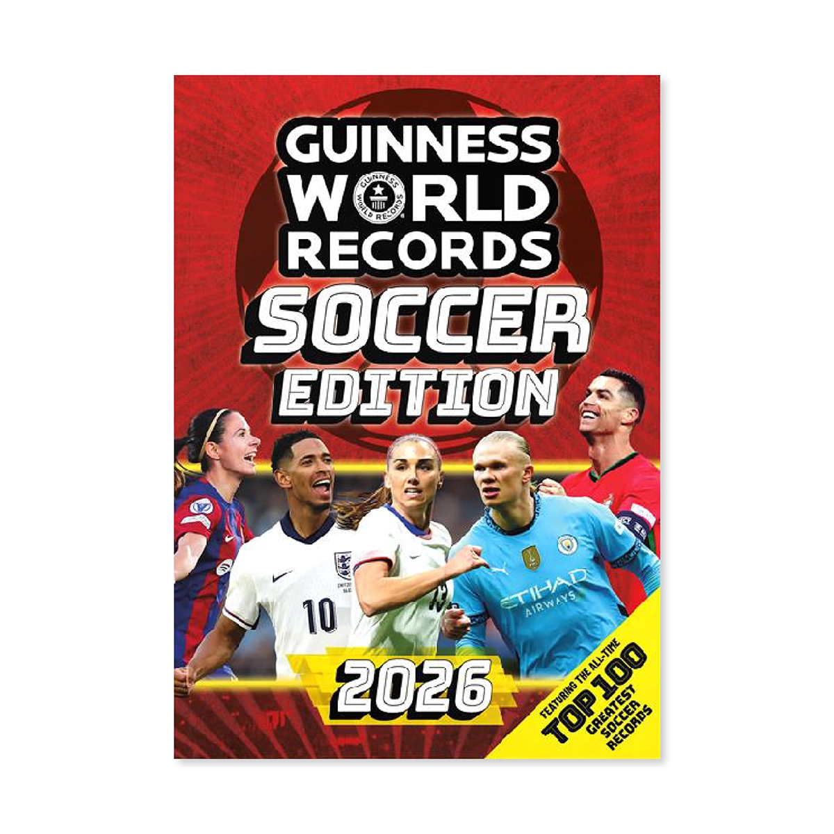 Guinness World Records Soccer Edition 2026 book cover with soccer players on a red background