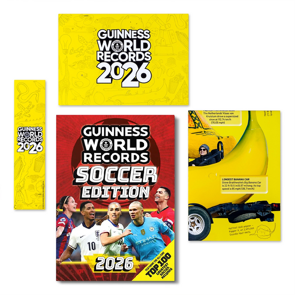 Collection of Guinness World Records 2026 soccer book on a white background