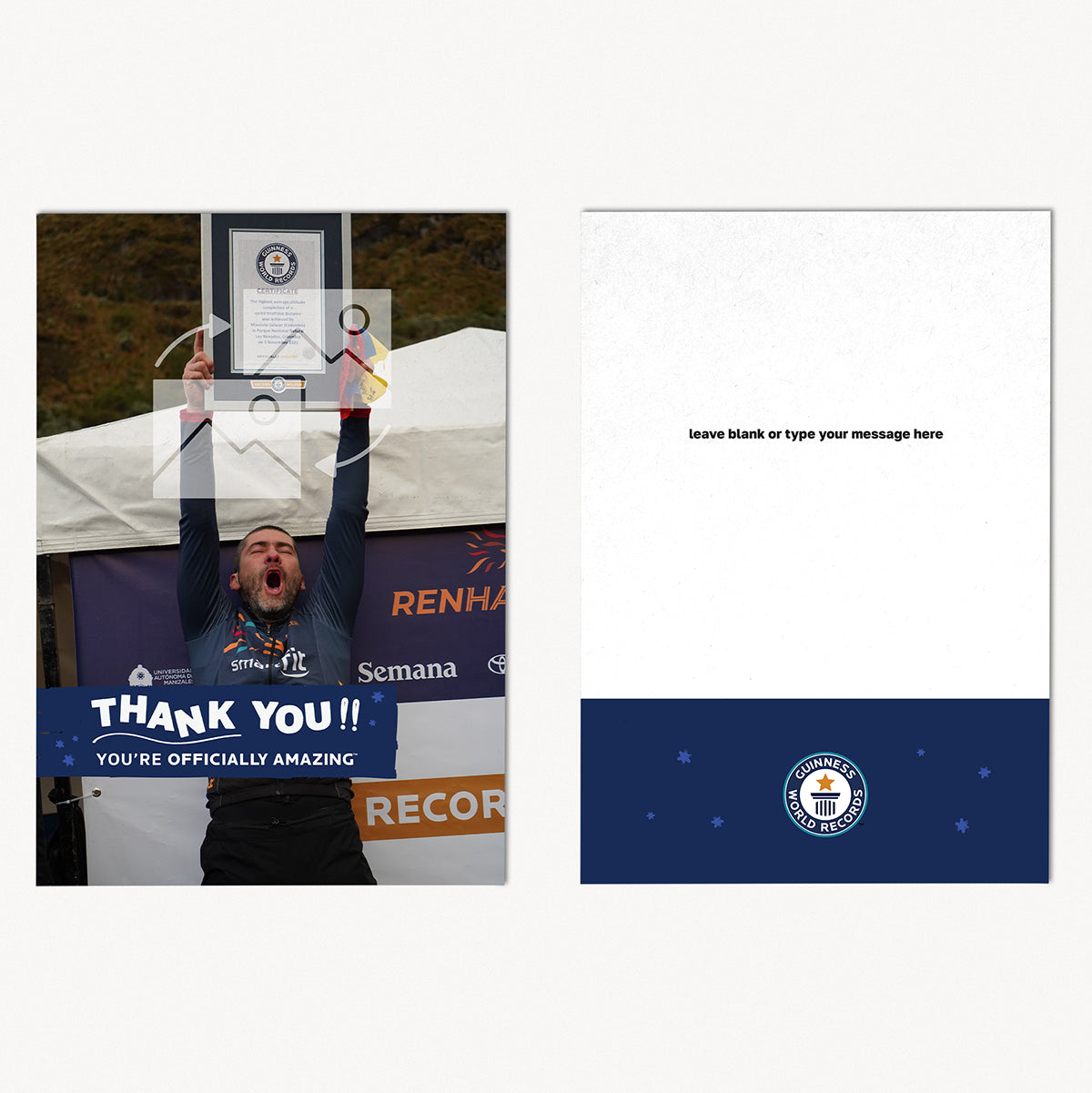 Front and back of navy portrait thank you postcard for Guinness World Records title holders 