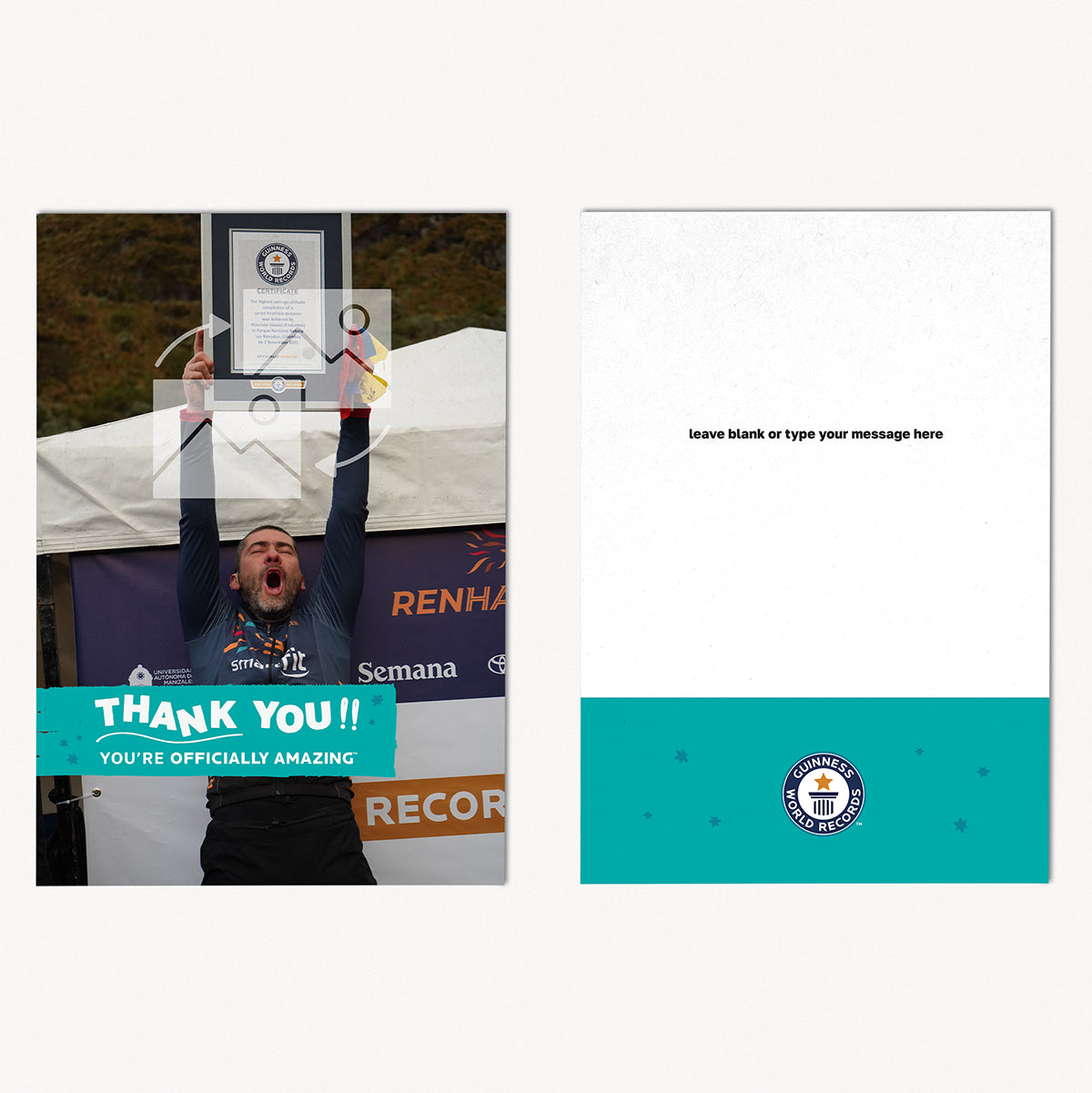 Front and back of teal portrait thank you postcard for Guinness World Records title holders 