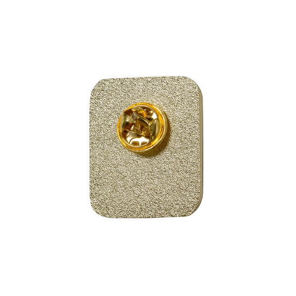 Gold square lapel pin with a round butterfly clip fastener on a white background