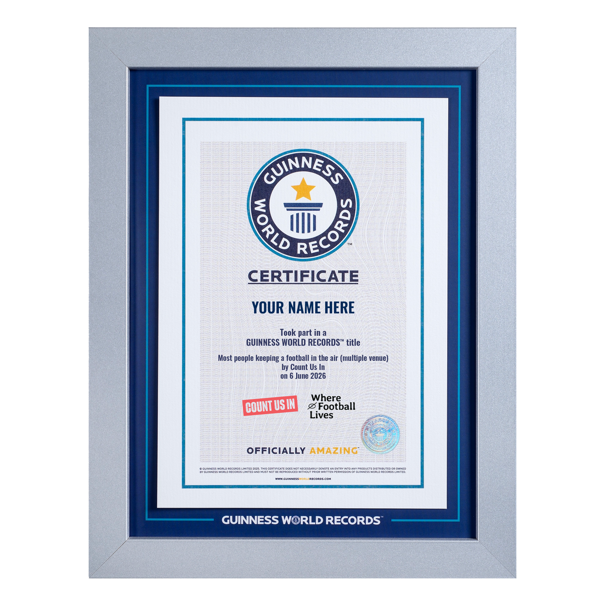 Record Participant Certificate The Most People Keeping a Football in the Air (Multiple Venue)