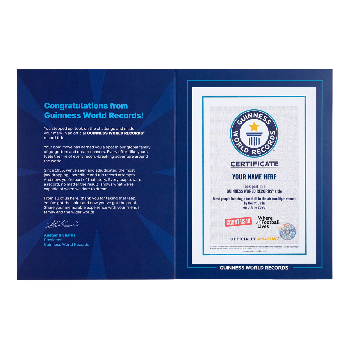 Record Participant Certificate The Most People Keeping a Football in the Air (Multiple Venue)
