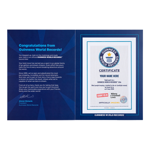 Record Participant Certificate The Most People Keeping a Football in the Air (Multiple Venue)