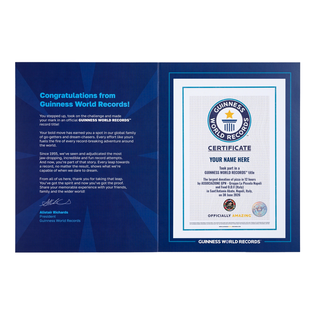 Record Participant Certificate The Largest Pizza Donation in 12 Hours