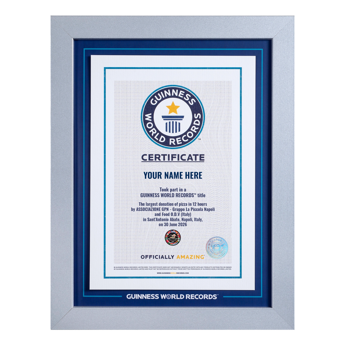 Record Participant Certificate The Largest Pizza Donation in 12 Hours