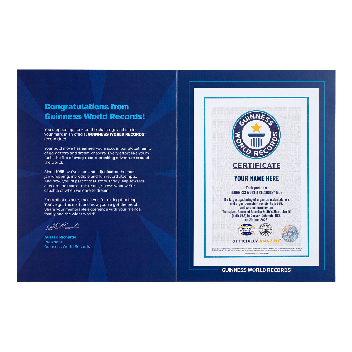 Record Participant Certificate The Largest Gathering of Organ Transplant Donors and Organ Transplant Recipients