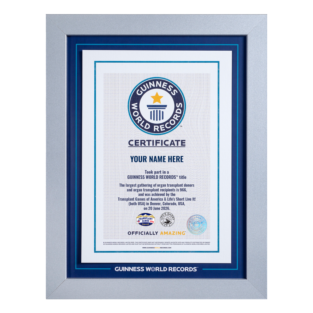 Record Participant Certificate The Largest Gathering of Organ Transplant Donors and Organ Transplant Recipients