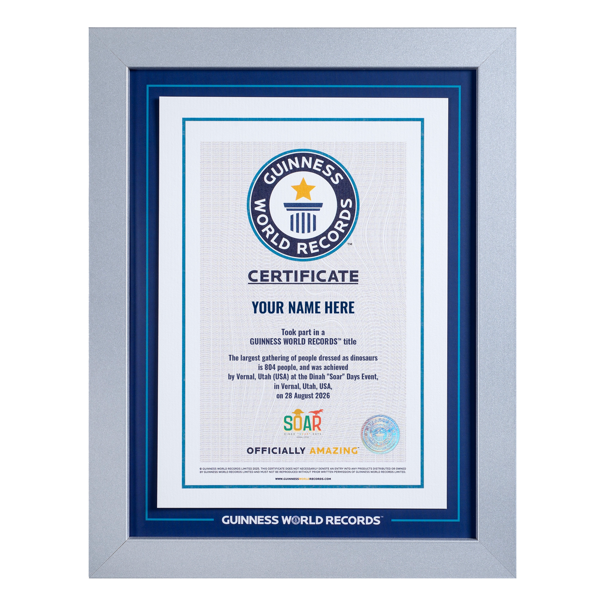 Record Participant Certificate Largest Gathering of People Dressed as Dinosaurs