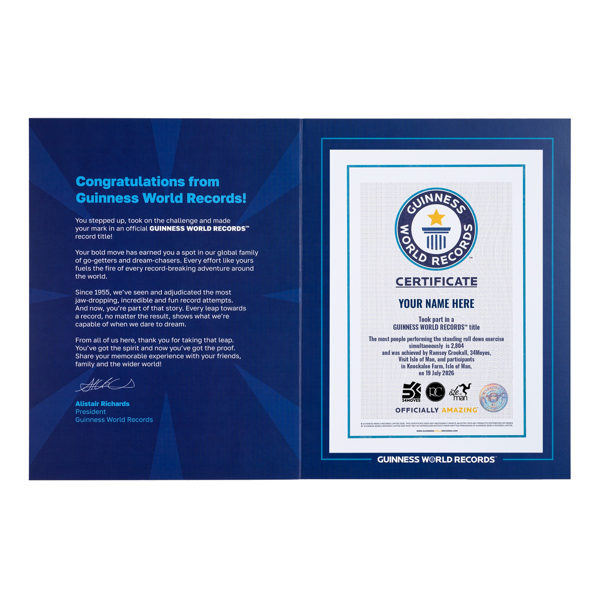 Record Participant Certificate The Most People Performing the Standing Roll Down Exercise Simultaneously