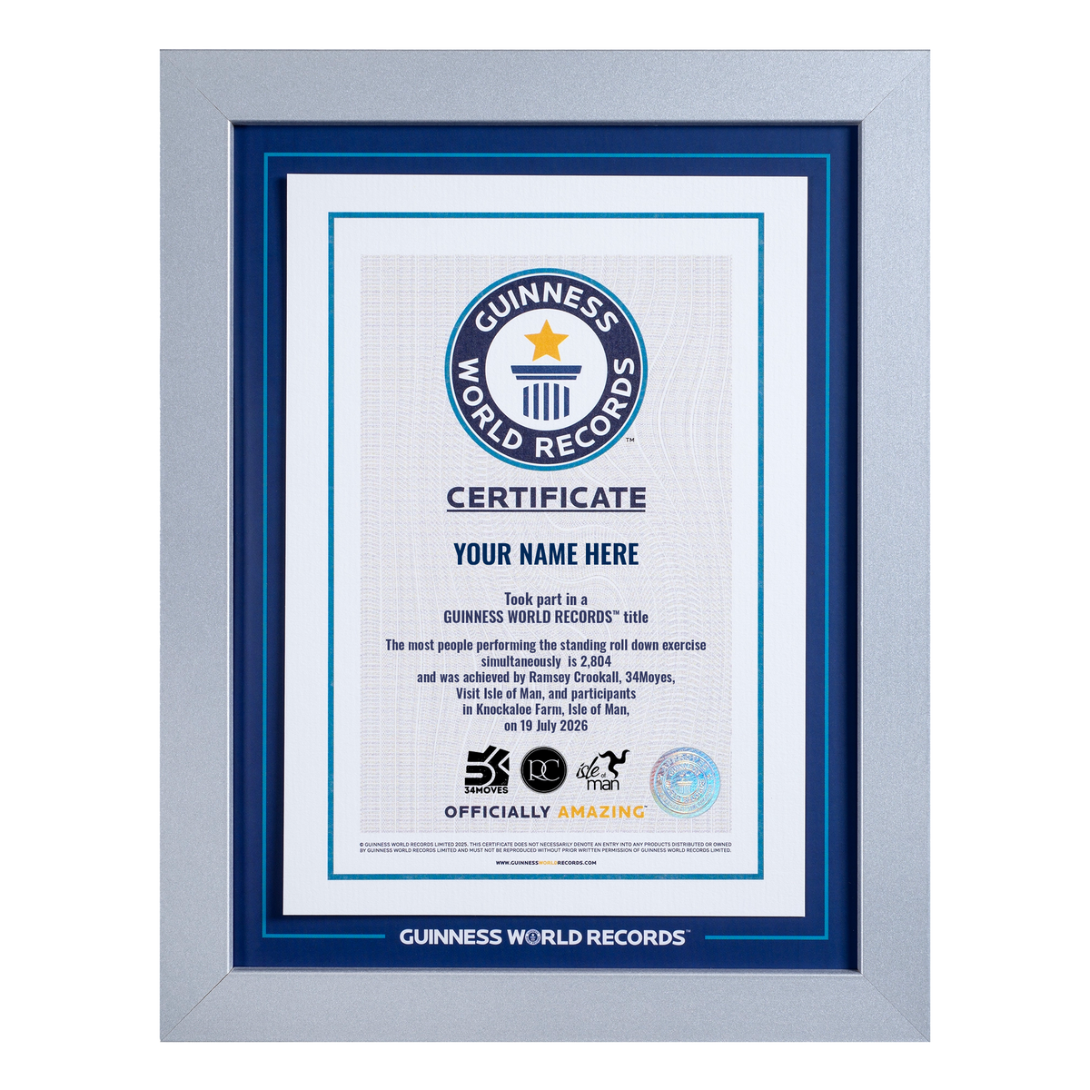Record Participant Certificate The Most People Performing the Standing Roll Down Exercise Simultaneously