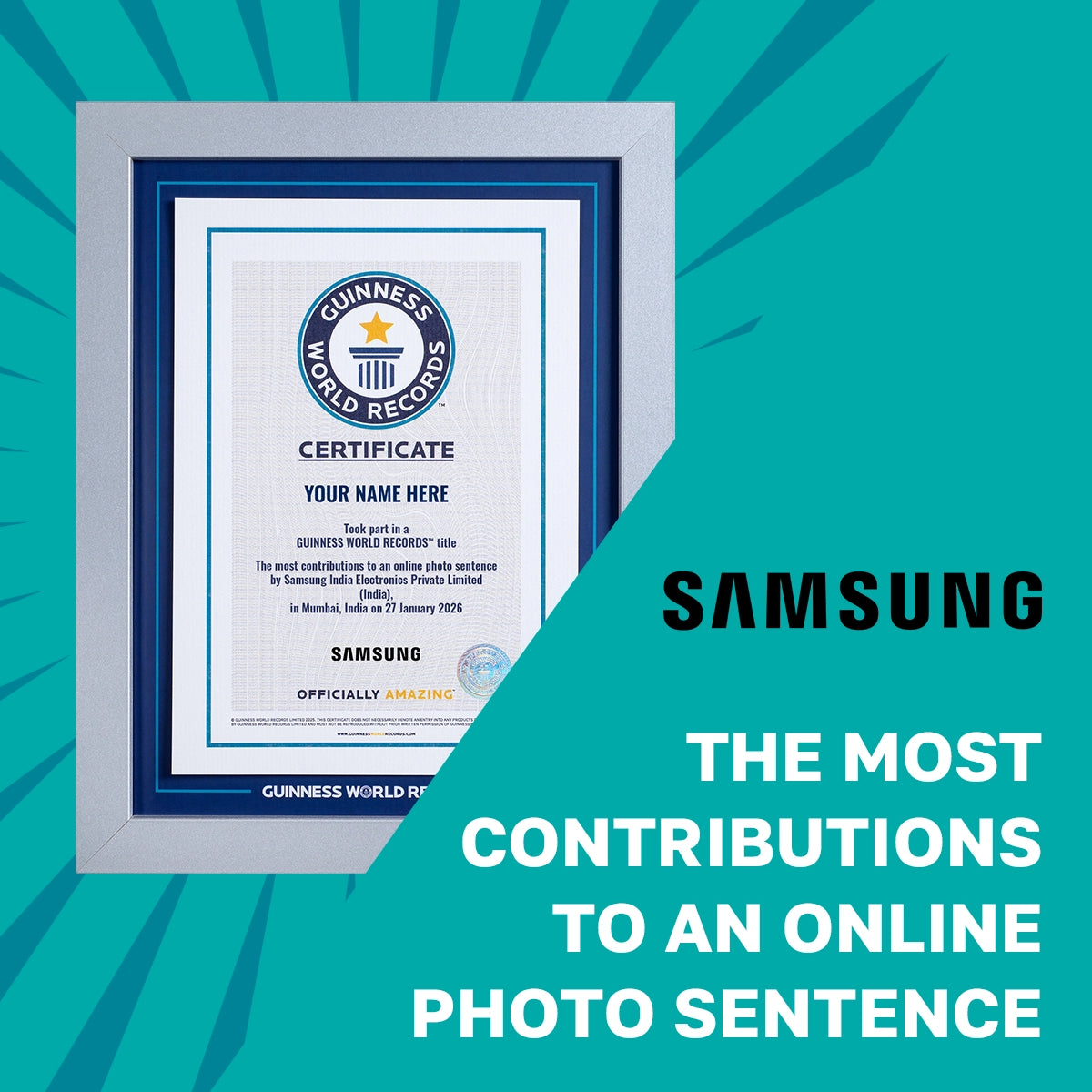Guinness World Records RPC certificate for the  most contributions to an online photo sentence on a teal background with samsung logo