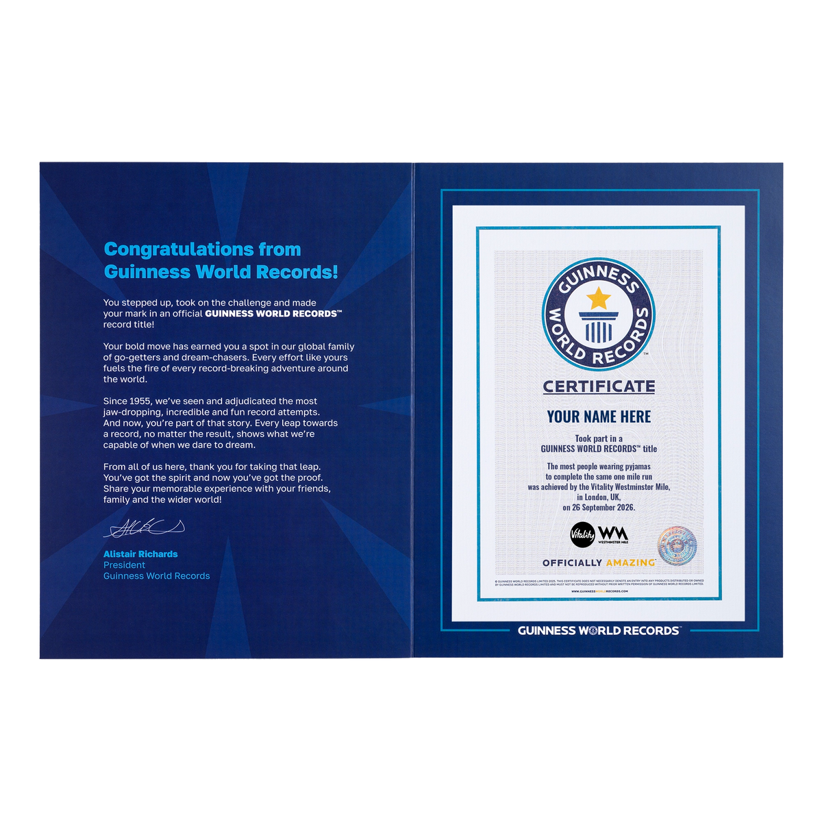 Record Participant Certificate Most People Wearing Pyjamas to Complete the Same One Mile Run