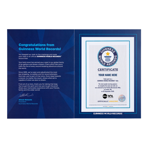 Record Participant Certificate Most People Wearing Pyjamas to Complete the Same One Mile Run