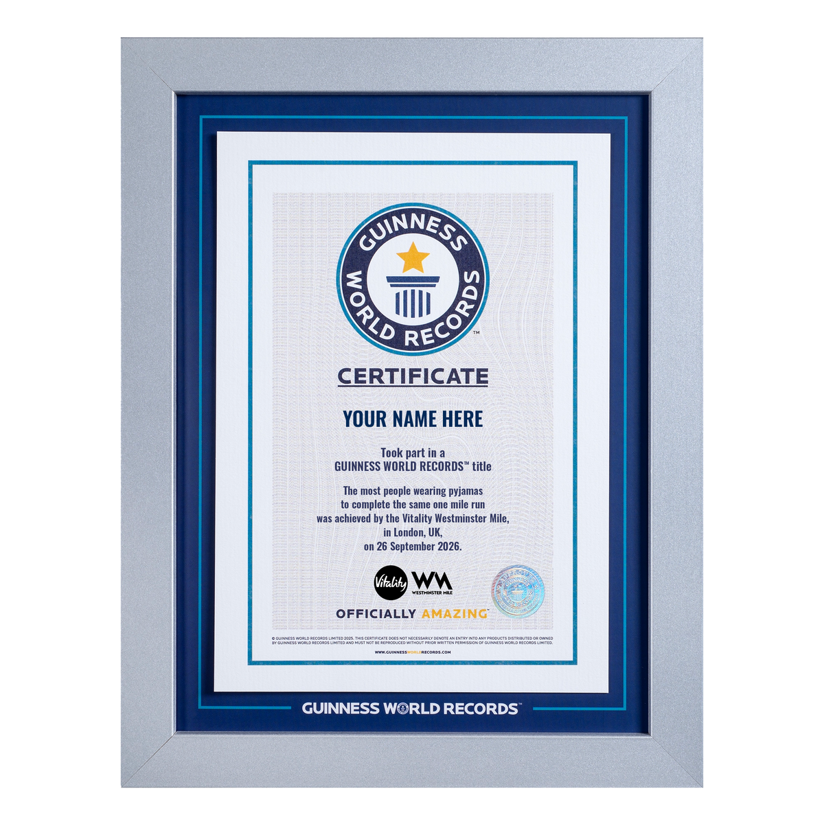 Record Participant Certificate Most People Wearing Pyjamas to Complete the Same One Mile Run