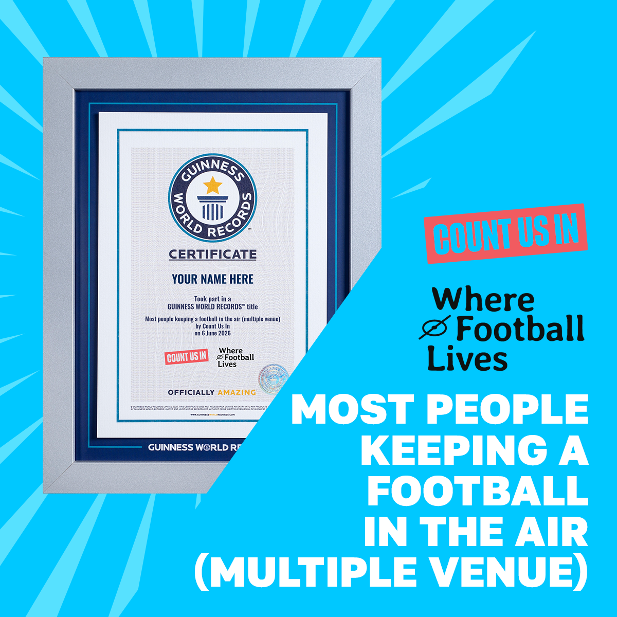Record Participant Certificate The Most People Keeping a Football in the Air (Multiple Venue)