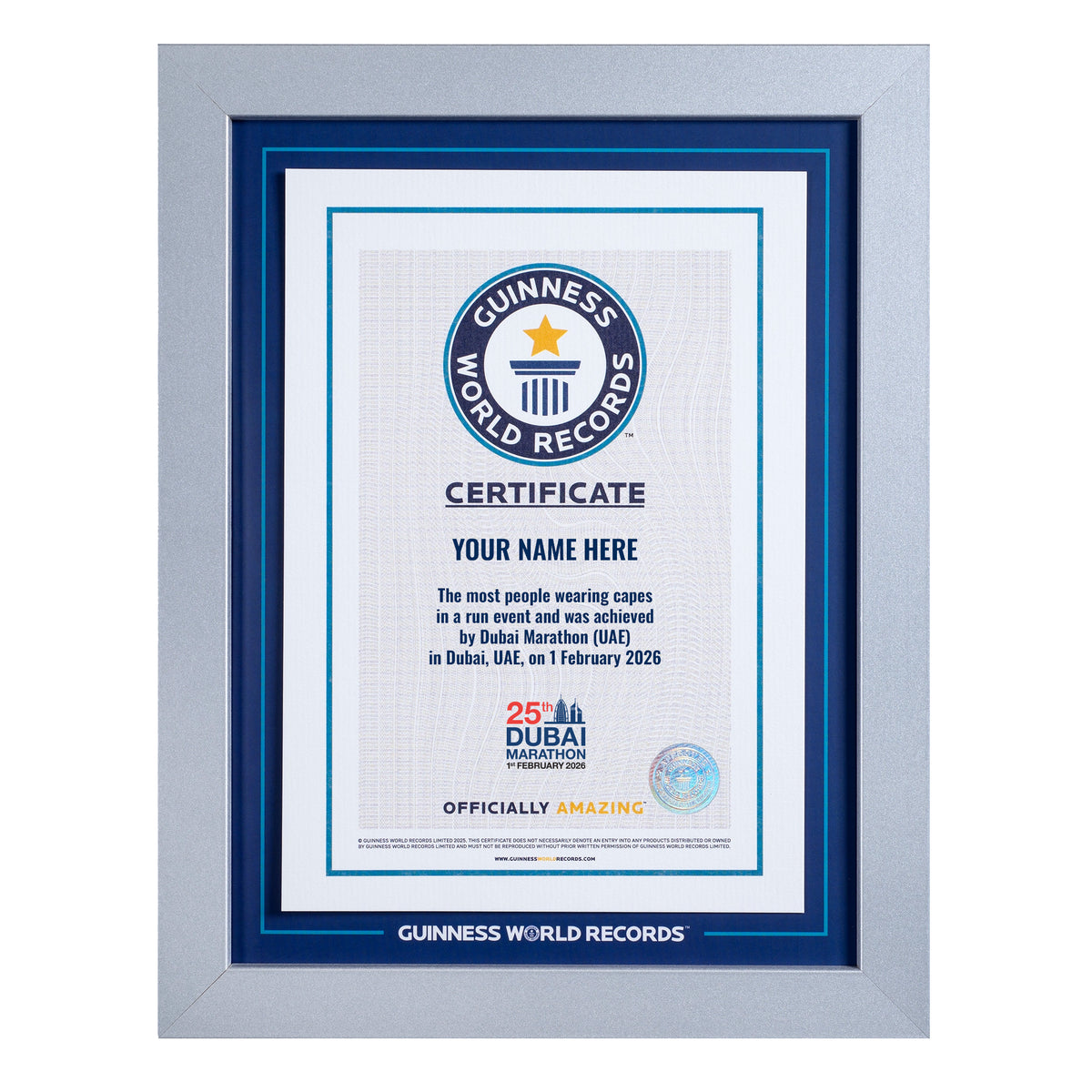 co-branded Guinness World Records RPC certificate in frame on a white background