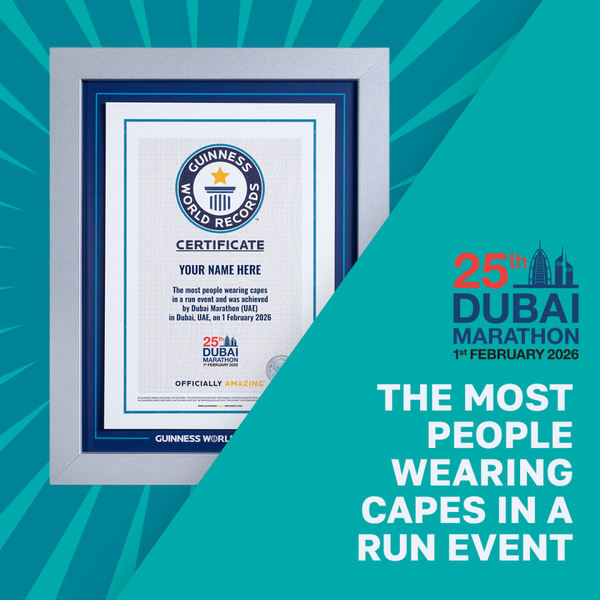 Guinness World Records RPC certificate for most people weating capes in a run event on a teal background with Dubai marathon logos