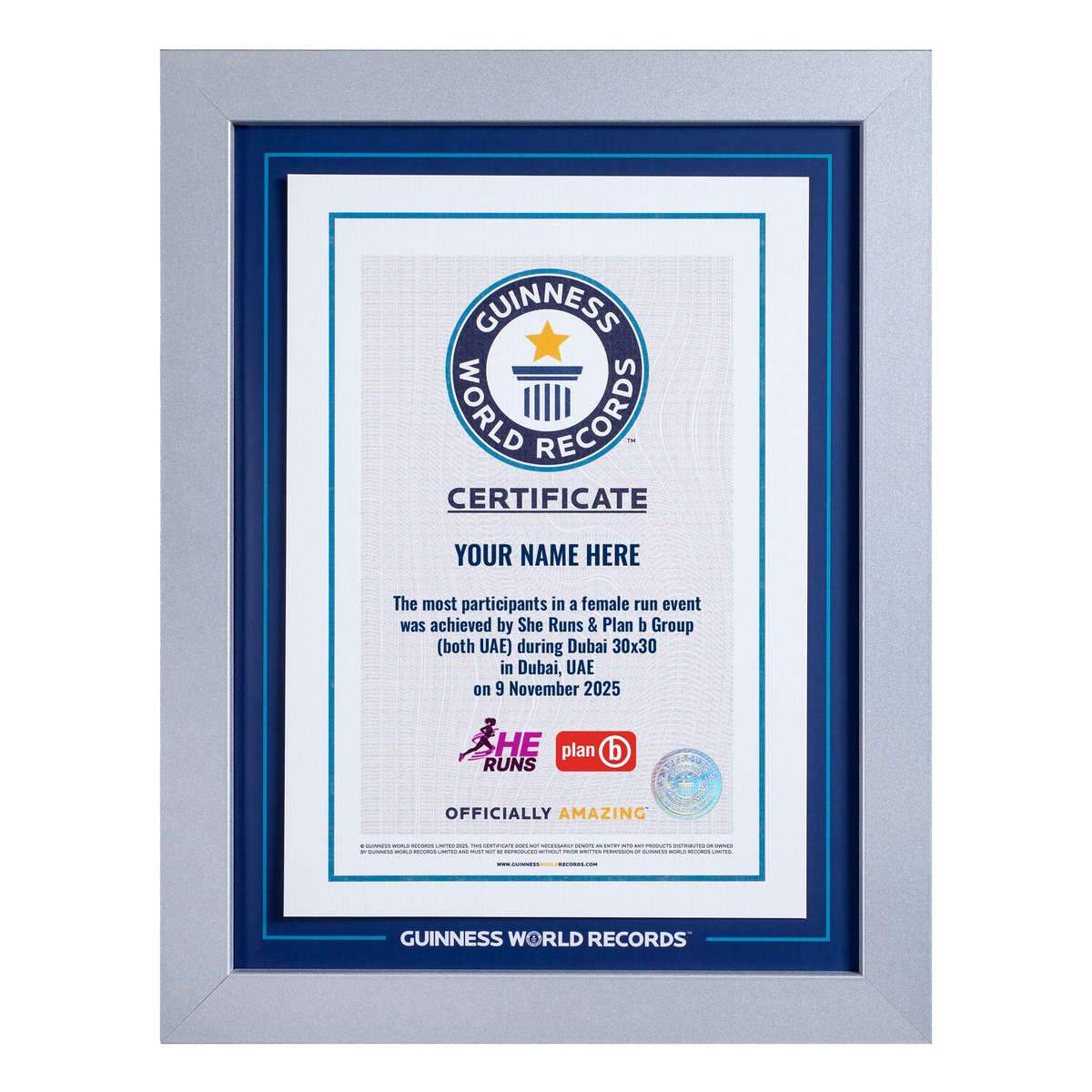 co-branded Guinness World Records RPC certificate in frame on a white background
