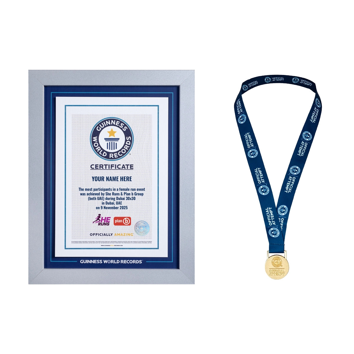 co-branded Guinness World Records RPC certificate in frame with gold medal on a white background