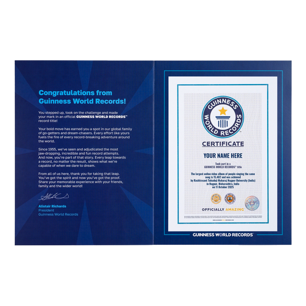 Guinness World Records RPC certificate for largest online video album singing the same song certificate only 