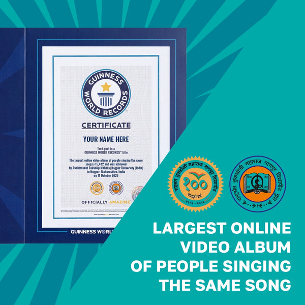 Guinness World Records RPC certificate for largest online video album singing the same song on a teal background. 