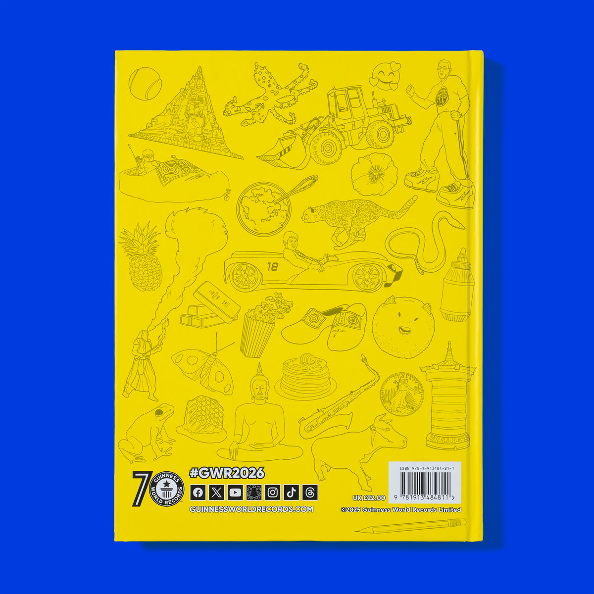 Back cover of the yellow GWR 2026 book with black line art illustrations on a blue background