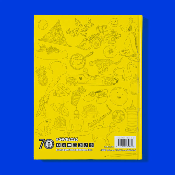 Back cover of the yellow GWR 2026 book with black line art illustrations on a blue background