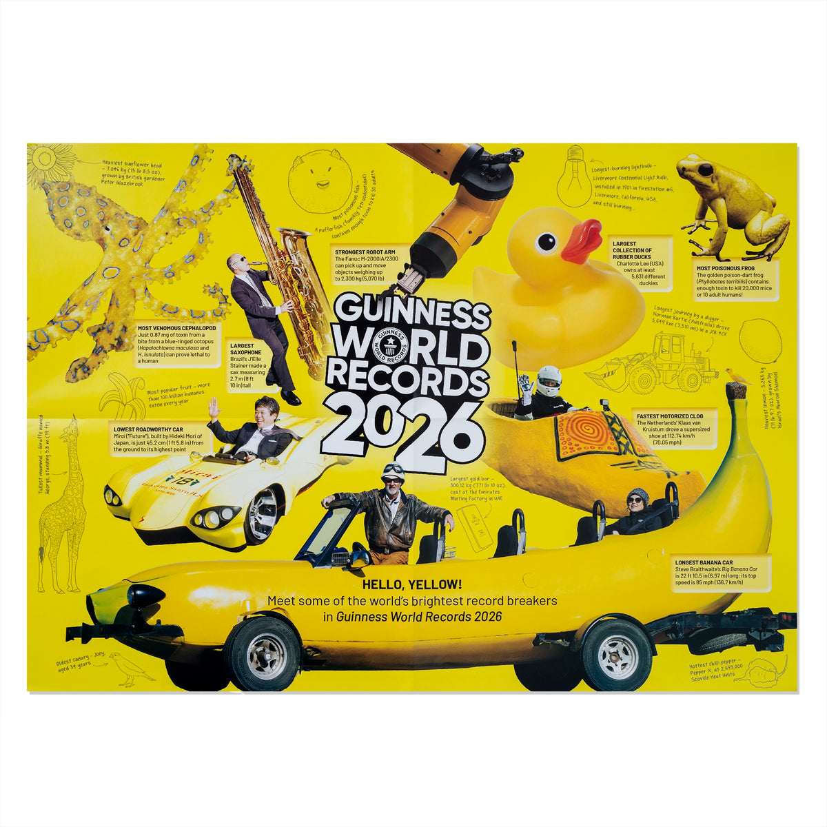 Promotional poster for Guinness World Records 2026 featuring various yellow record-breaking items 