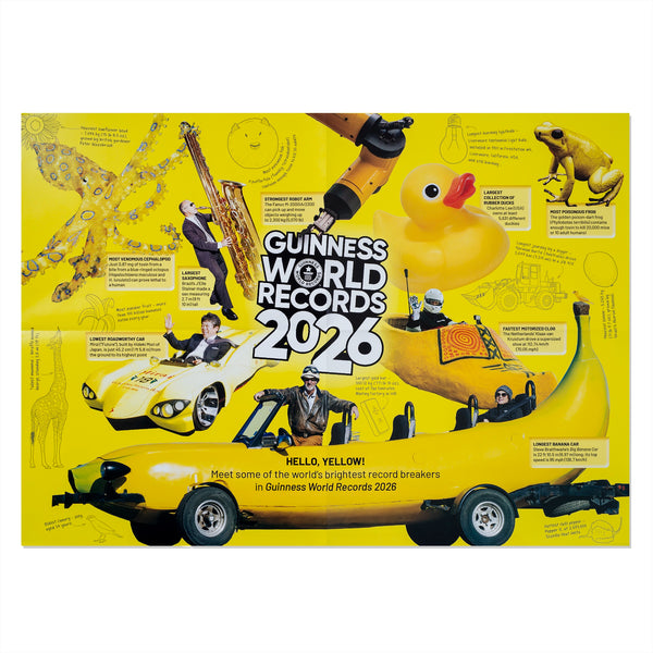Promotional poster for Guinness World Records 2026 featuring various yellow record-breaking items 